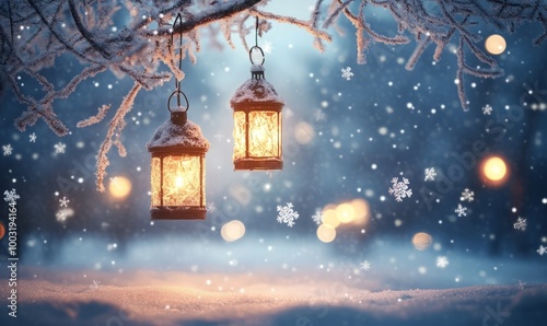 Wallpaper Mural A serene winter landscape with softly glowing Christmas lanterns hanging from frosted trees, surrounded by gently falling snowflakes. Torontodigital.ca