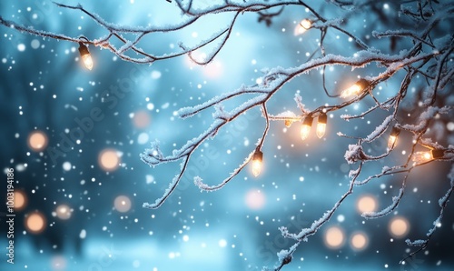 A serene winter scene with softly glowing Christmas lights hanging from frosted branches, surrounded by gently falling snowflakes