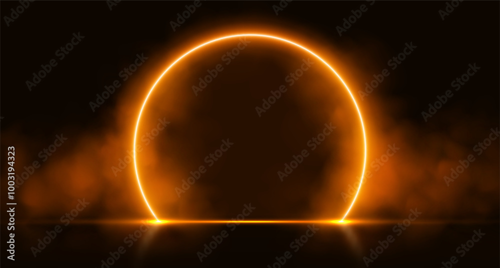 Neon arch with smoke, orange glowing portal, futuristic circle gate, magic stage with vapor. Vector illustration.