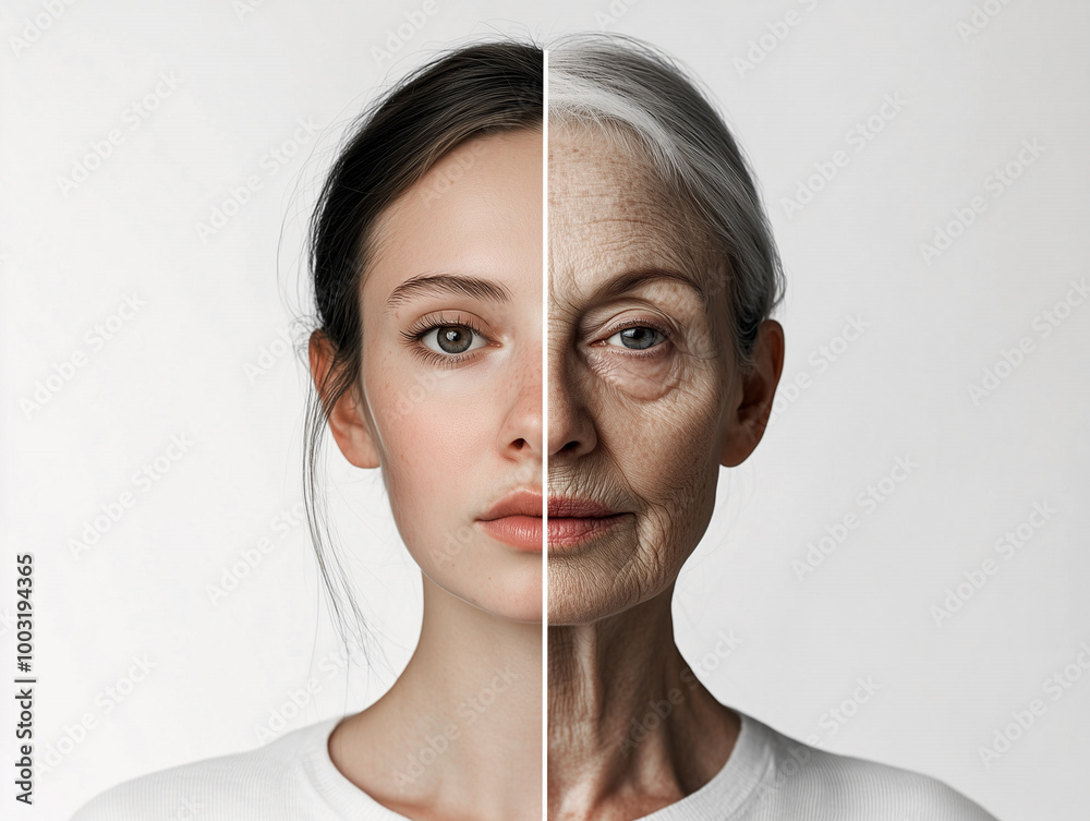 A split-screen portrait of an adult woman, half young and healthy with radiant skin, the other side showing signs of old age like wrinkles and gray hair. A split-screen portrait of an adult woman, half young and healthy with radiant skin, the other side showing signs of old age like wrinkles and gray hair.