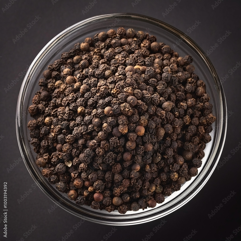 Black pepper seeds in a glass bowl, surrounded by black background Black pepper seeds in a glass bowl, surrounded by black background