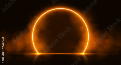 Obraz na płótnie Neon arch with smoke, orange glowing portal, futuristic circle gate, magic stage with vapor. Vector illustration. w salonie