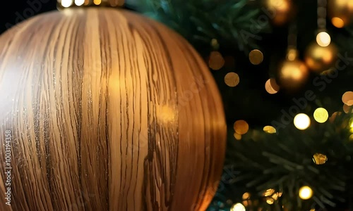 Large wooden-themed Christmas tree ball spins slowly against black sparkling background, holiday mood, bokeh lighting, new year, open space