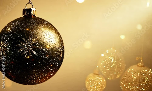 Large sparkling wood-toned gold Christmas tree ball spins slowly, surrounded by smaller ornaments, against a beige sparkling background, warmth, festive atmosphere, new year, open space