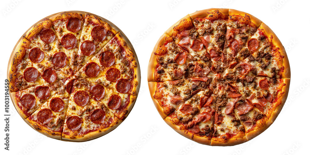 Two pizza, pepperoni and meat lovers toppers, on a transparency background. Two pizza, pepperoni and meat lovers toppers, on a transparency background.