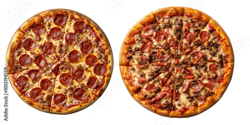 Two pizza, pepperoni and meat lovers toppers, on a transparency background.