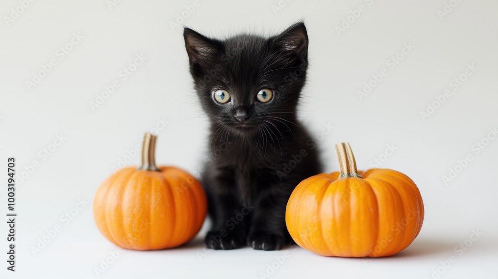Black kitten with pumpkin on a white background Black kitten with pumpkin on a white background