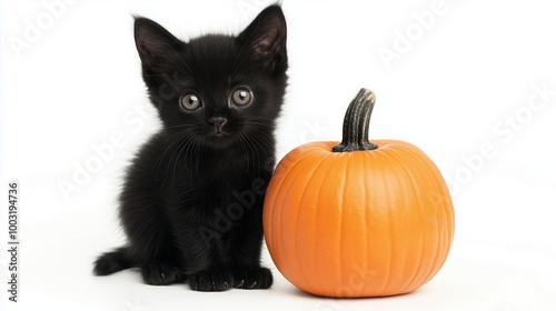 Black kitten with pumpkin on a white background