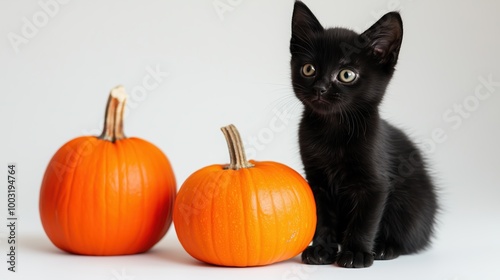 Black kitten with pumpkin on a white background