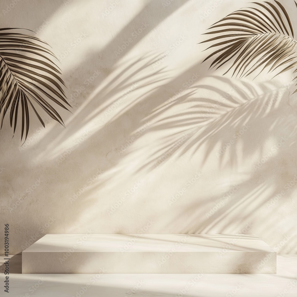 3d render of beige podium for product presentation with palm leaves shadows 3d render of beige podium for product presentation with palm leaves shadows