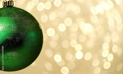 Large, vibrant green Christmas tree ornament ball rotates slowly against a beige, sparkling background, festive, cozy,  celebratory feel, new year, open space