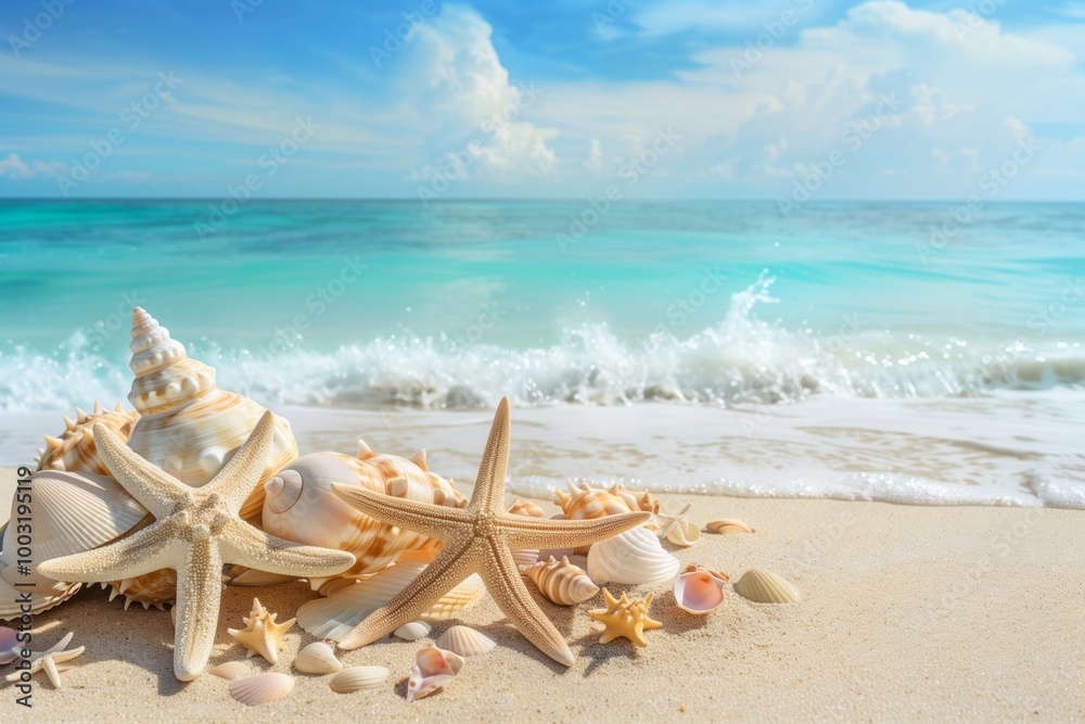 A beach scene with a starfish and shells on the sand