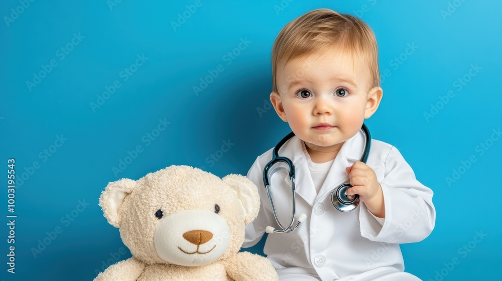 A baby in a stethoscope holding teddy bear with doctor's bag, AI A baby in a stethoscope holding teddy bear with doctor's bag, AI