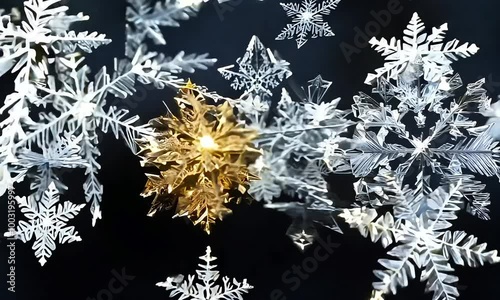 Icy snowflakes in various shapes, with one prominent golden snowflake standing out among them, suspended in motion, creating dynamic, festive atmosphere, winter-themed content, holiday cards, new year