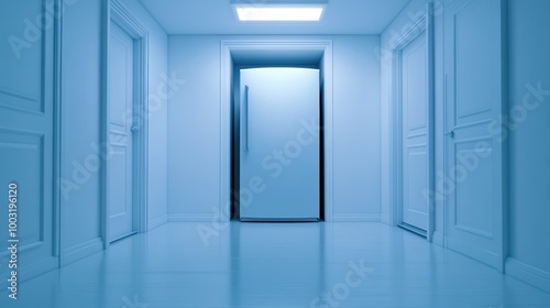 A white refrigerator in a hallway with light shining through, AI