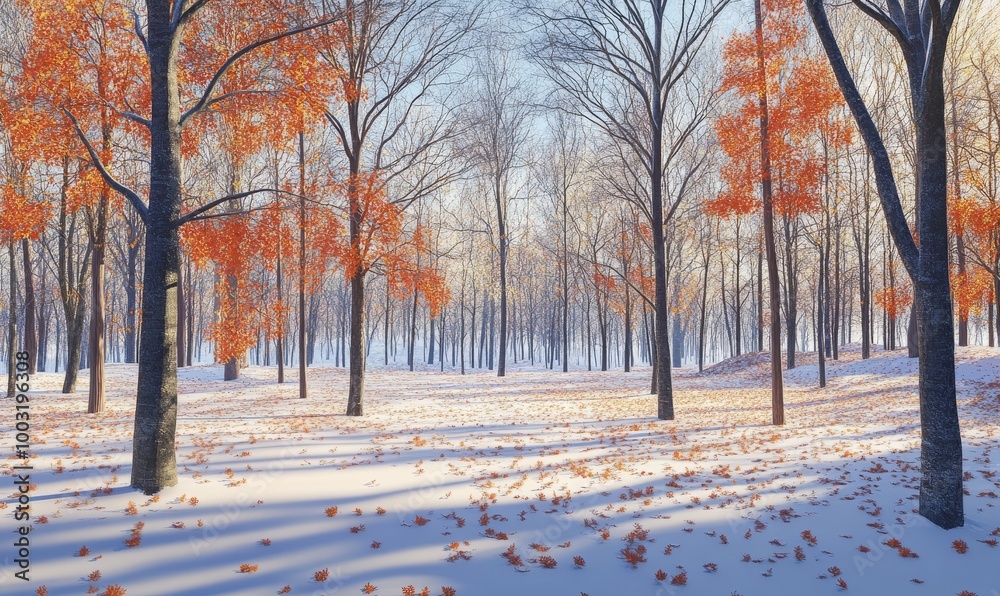 Bare trees with scattered fall foliage on snow Bare trees with scattered fall foliage on snow