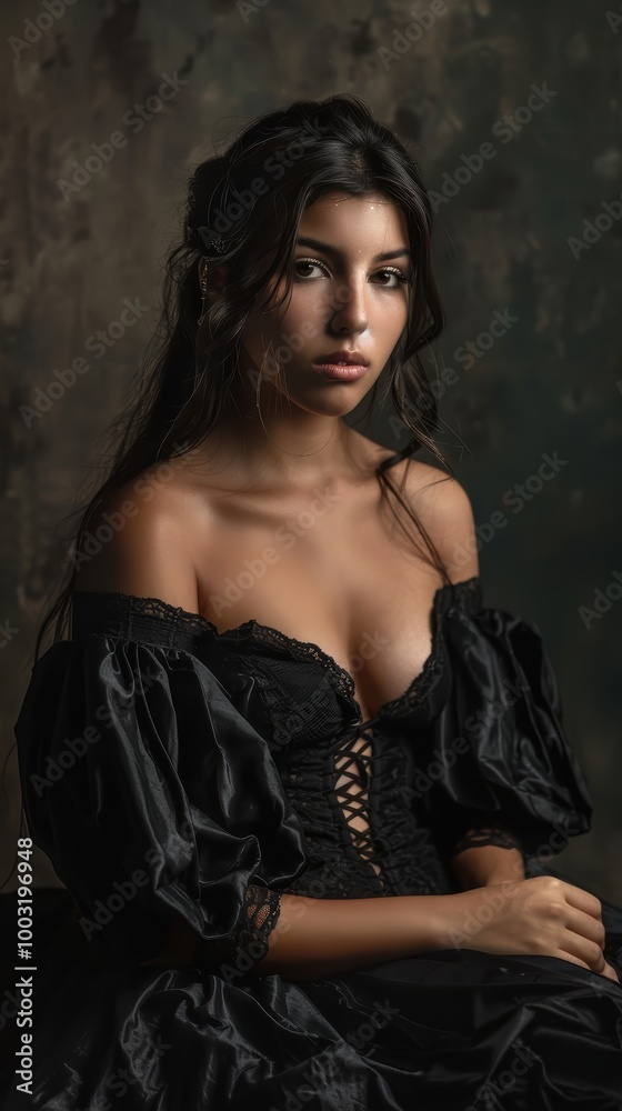 Dramatic portrait of a Latina woman in a gothic black dress, with a pensive expression and elegant styling. Dramatic portrait of a Latina woman in a gothic black dress, with a pensive expression and elegant styling.