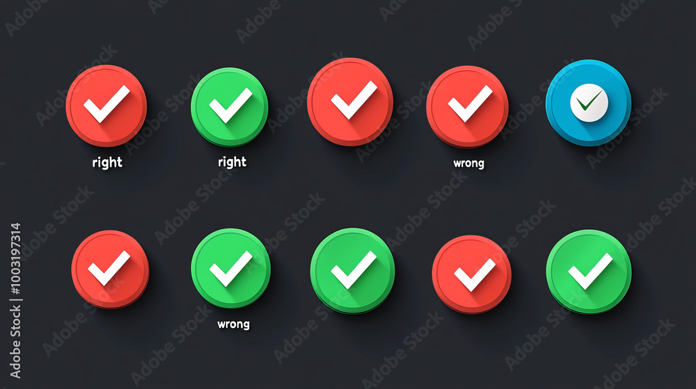 This set includes check mark icons, like a checkbox, right and wrong buttons, and yes/no symbols. The icons are green for This set includes check mark icons, like a checkbox, right and wrong buttons, and yes/no symbols. The icons are green for