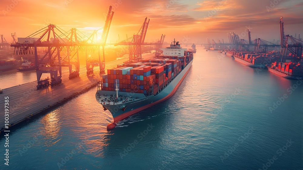 Fototapeta premium A large container ship docked at the port, carrying cargo from various countries