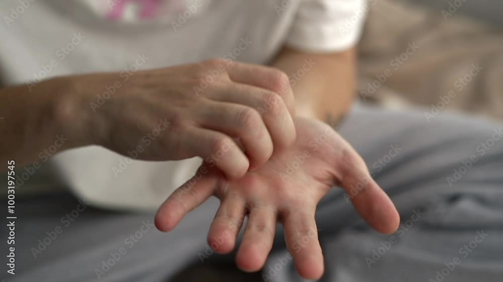A man scratches his hand.
Itching on the palm.
Lodon close-up.
Allergy to the hand.
Hand discomfort.
Health problems.
Pain in hand.
Man touching hand