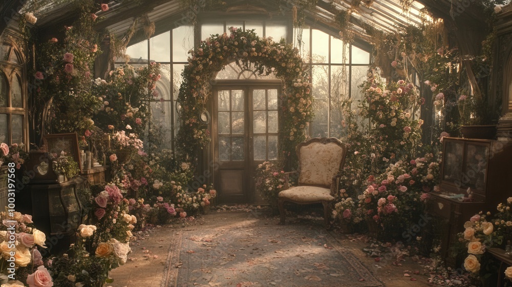 A room filled with lots of flowers and a chair