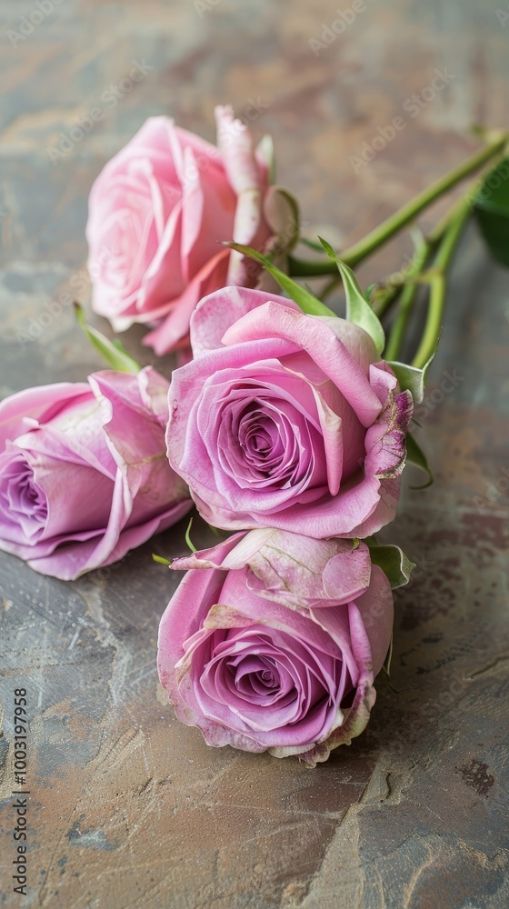 Purple roses on soft color background, romantic feminine composition, wedding invitation concept. Purple roses on soft color background, romantic feminine composition, wedding invitation concept.