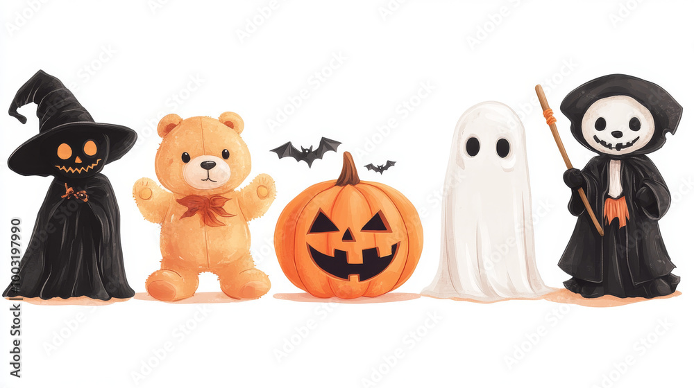 This set of Halloween characters includes a pumpkin, vampire, teddy bear, ghost, and grim reaper. They are all separated and ready to be used in designs.