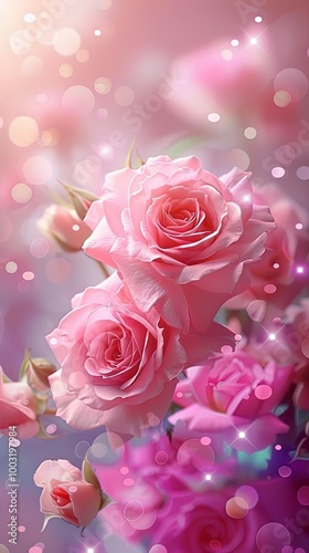 Purple roses on soft color background, romantic feminine composition, wedding invitation concept.