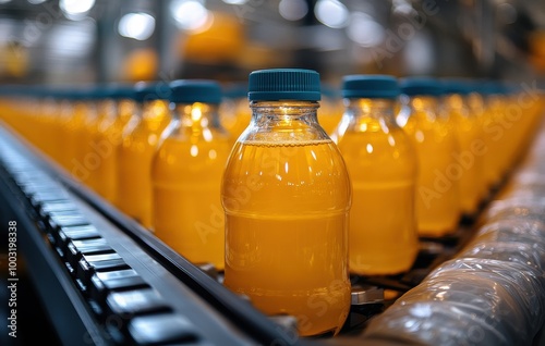 Modern orange juice production line with vibrant glass bottles on conveyor belts in a factory setting photo