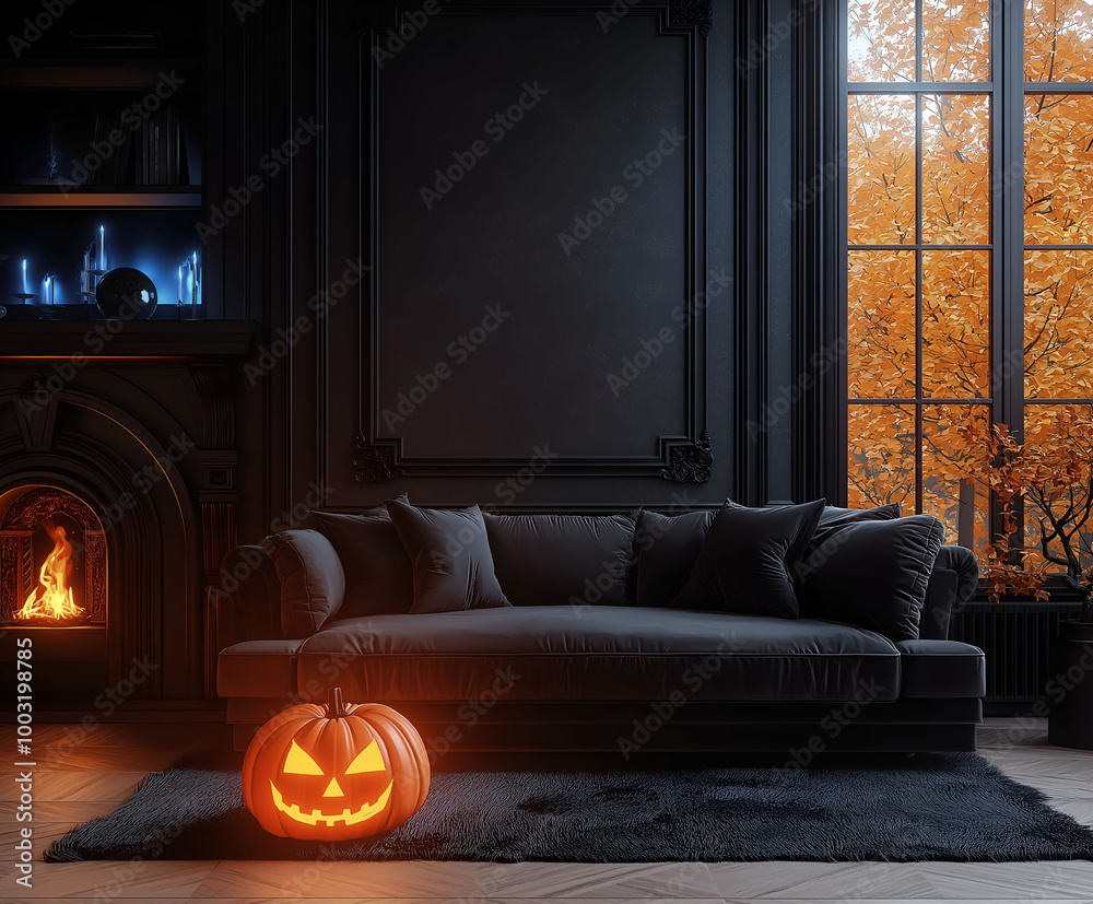 Obraz premium Aesthetic room interior design with Halloween elements. Wall with decoration in the apartment. Holiday pumpkins in the room.