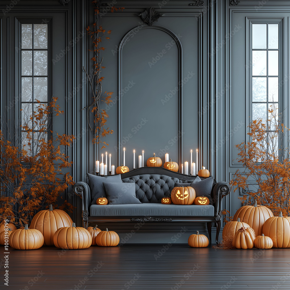 Obraz premium Aesthetic room interior design with Halloween elements. Wall with decoration in the apartment. Holiday pumpkins in the room.