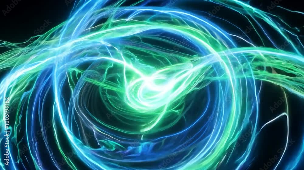 Energy gathers and intensifies, forming a spherical shape with crackling electric arcs dancing around. A mesmerizing display of vibrant green and blue light unfolds against a black background Energy gathers and intensifies, forming a spherical shape with crackling electric arcs dancing around. A mesmerizing display of vibrant green and blue light unfolds against a black background