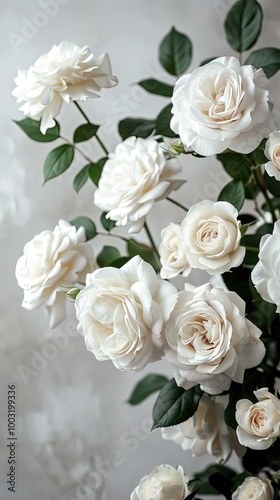 White roses on soft color background, romantic feminine composition, wedding invitation concept.