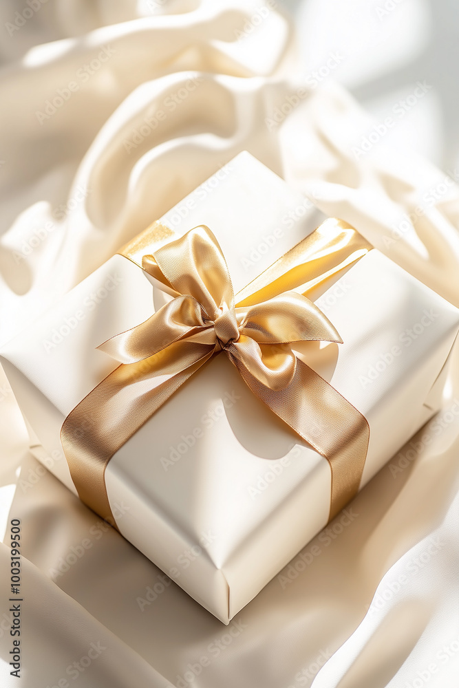 A beautifully wrapped gift, tied with a golden satin ribbon, rests on a soft, white fabric. A beautifully wrapped gift, tied with a golden satin ribbon, rests on a soft, white fabric.