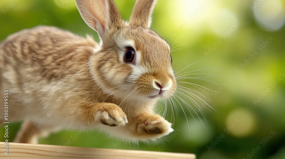 Fototapeta premium A small rabbit is running on a wooden surface with green trees in the background, AI