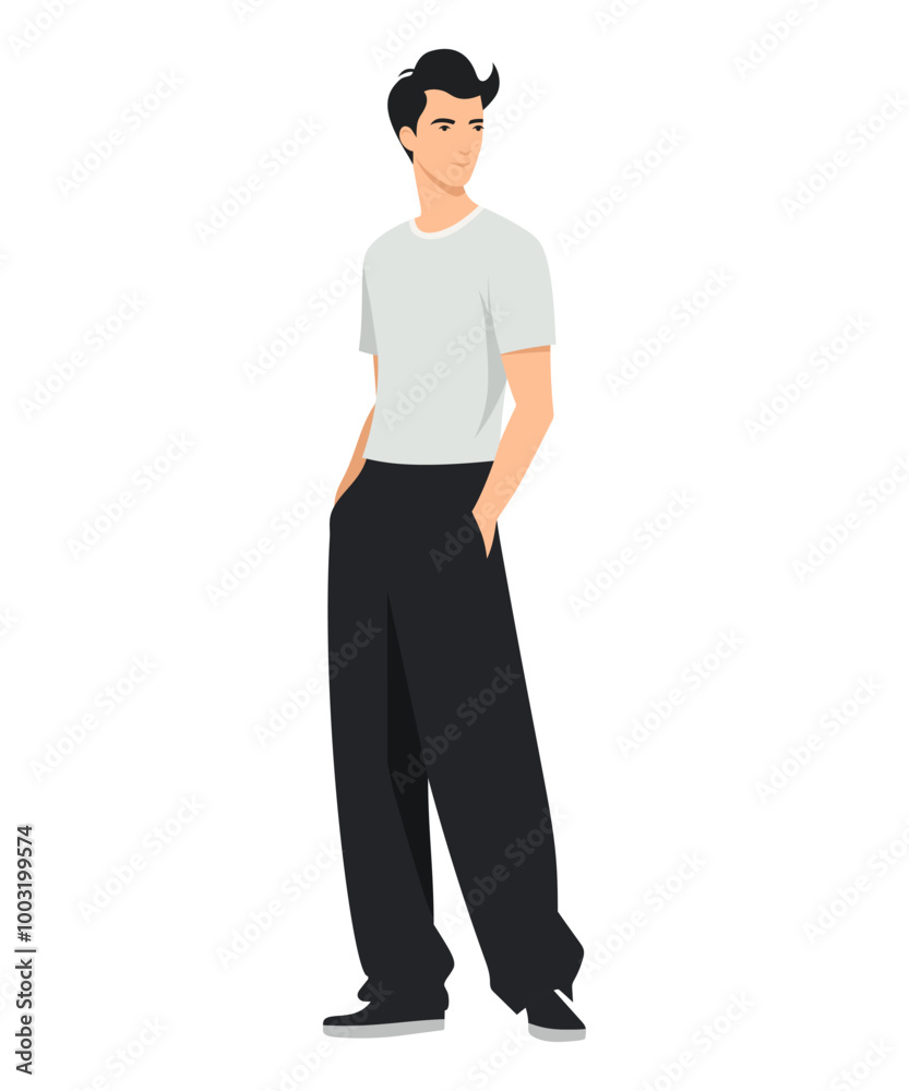 Vector illustration on a white background. A man in a white t-shirt and black pants. Minimalist style.