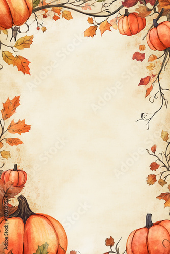 A vibrant autumnal border featuring pumpkins, leaves, and branches.
