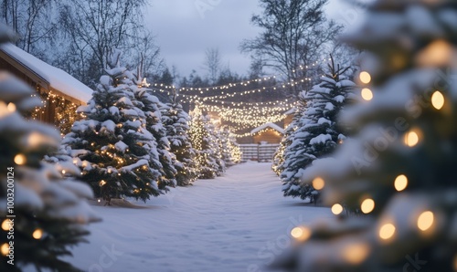 Festive Christmas Tree Farm with Snow-Covered Evergreens and Twinkling Lights photo