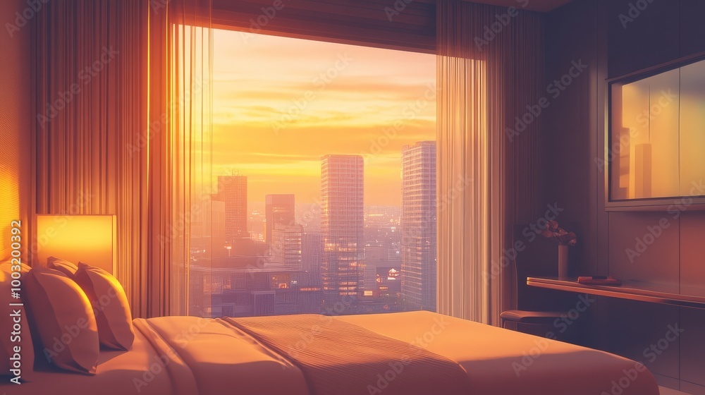 Serene Cityscape Sunset Overlooking Urban Skyline Serene Cityscape Sunset Overlooking Urban Skyline