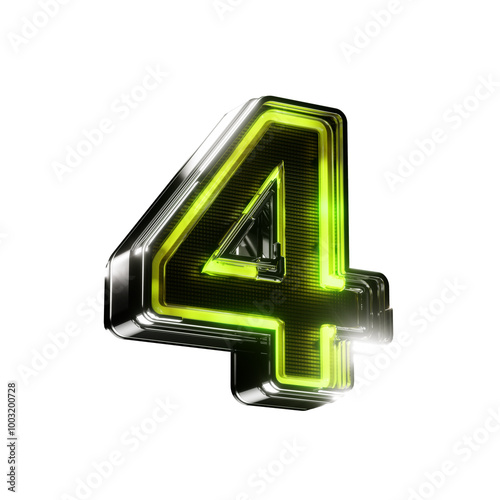 3d number four led metallic sign green neon isolated on transparent background