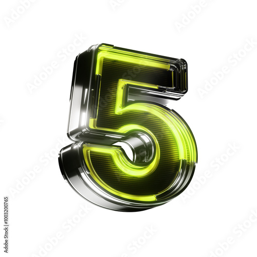 3d number five led metallic sign green neon isolated on transparent background