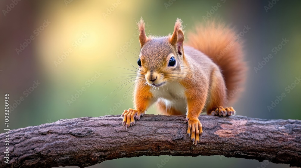 Fototapeta premium A squirrel sitting on a branch with its paws up, AI