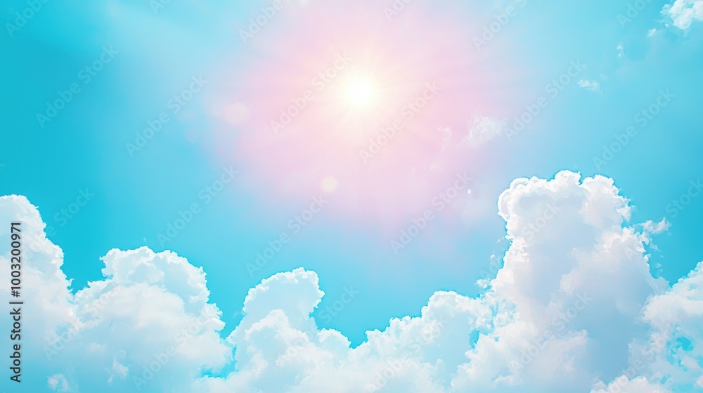 Bright Blue Sky with Fluffy White Clouds and Sunlight Bright Blue Sky with Fluffy White Clouds and Sunlight