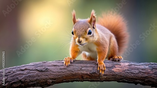 A squirrel sitting on a branch with its paws up, AI