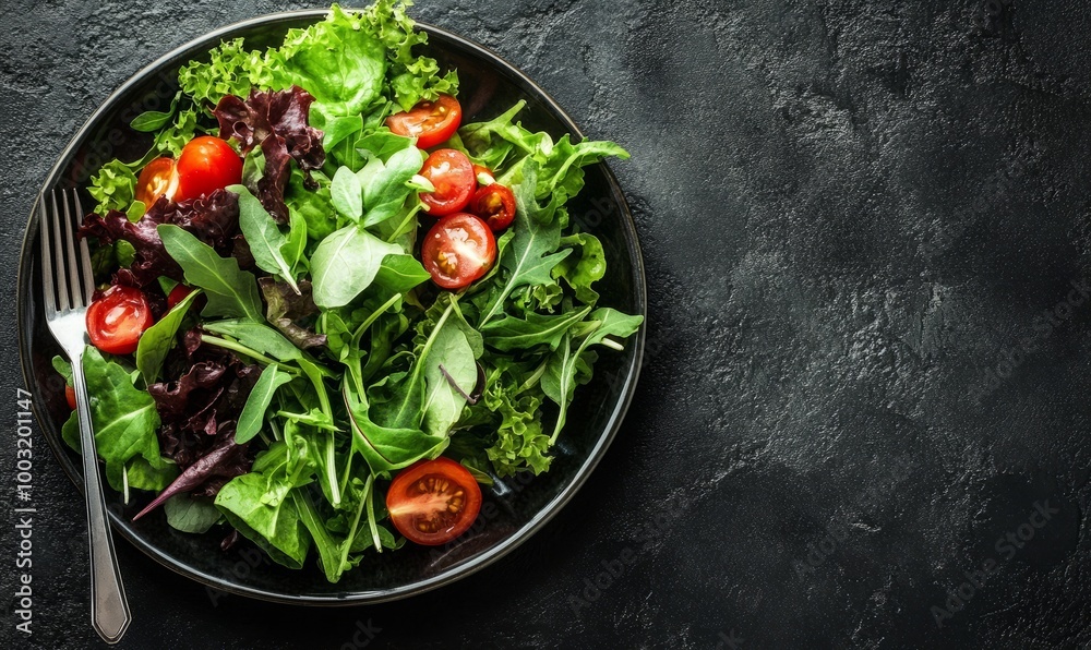 Fresh leaves of various salads in a ceramic plate on a black stone background. Selective focusing. The best forks Fresh leaves of various salads in a ceramic plate on a black stone background. Selective focusing. The best forks