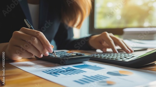 A businesswoman analyzes finances at her home office, using a calculator to navigate costs and ensure effective accounting, blending productivity with a comfortable workspace.