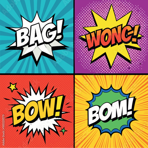 BAG WONG BOW BOM Comic pop art explosion cartoon vector design.