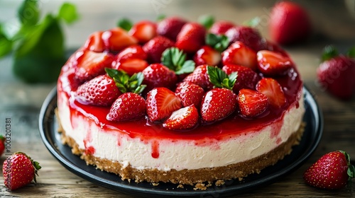 Indulge in a decadent strawberry cheesecake, beautifully topped with vibrant red strawberries for a touch of sweetness.