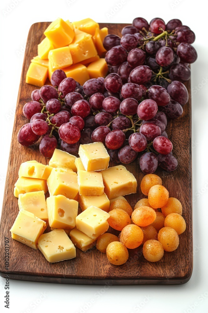 Fresh cheese and grapes beautifully arranged on a rustic wooden board for a delicious appetizer or snack