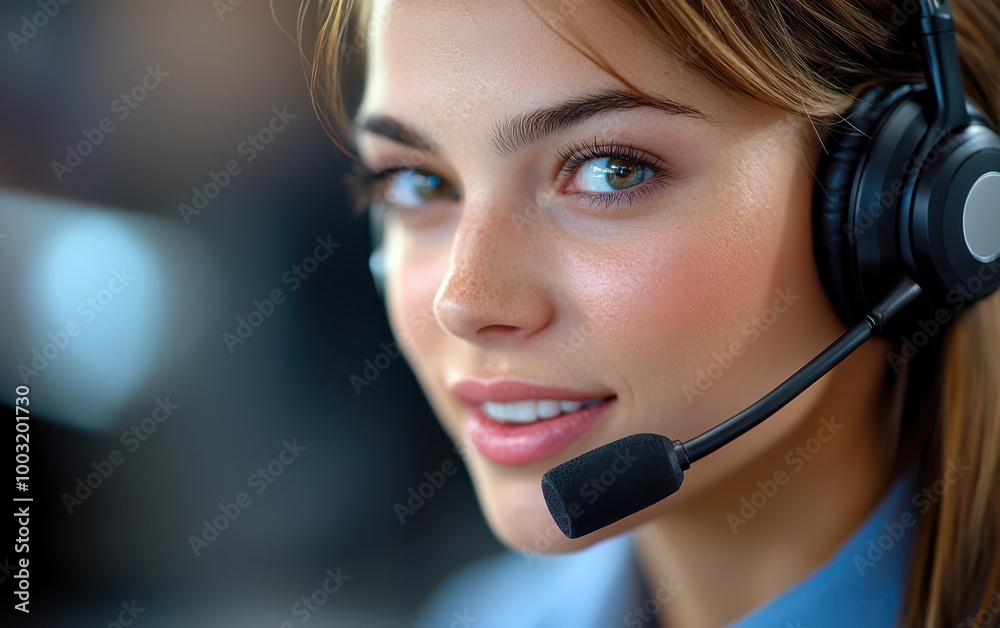 Close-up of a smiling customer service agent wearing a headset and engaging with clients professionally